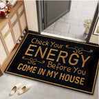 Anti-Slip Doormat Check Energy Before Entry Black Gold Lettering 7mm Thick Indoor Mat for Living Room Kitchen Bathroom Entryway 17x47in