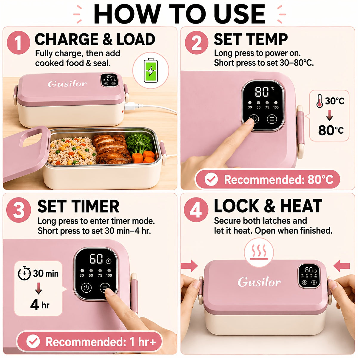 Heated Lunch Box Rechargeable with Timer - Self-Warming Portable Bento Box 80°C Keep Warm for Women & Men, Insulated Meal Prep Container with Lid, Electric Lunch Box for Work & Office