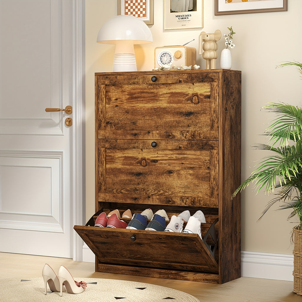 Flip Drawer Shoe Organizer Rack with 2 or 3 Drawers – Space-Saving Shoe Storage Cabinet for Entryway Hallway Bedroom, 3 Colors White Black Rustic Brown