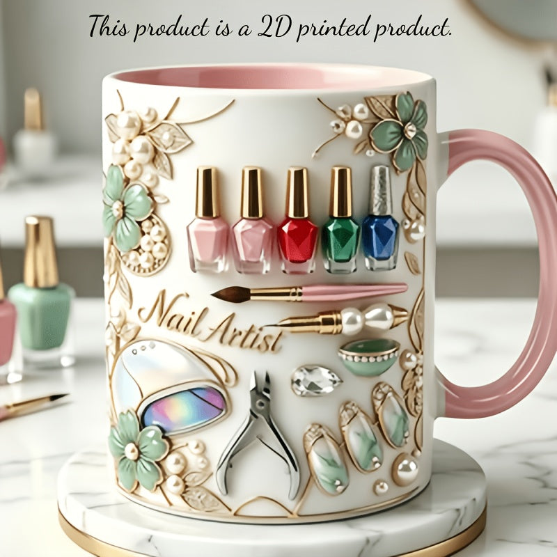Nail Polish Ceramic Coffee Mug 11oz – Funny 3D Effect Manicure Cup, Two-Color Handle, Dishwasher Safe, Gift for Nail Techs & Beauty Lovers, Home Office Decor