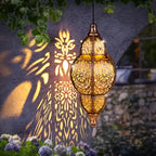 Outdoor Solar Hanging Lantern 27" – Metal Pendant Light Fixture with Removable Solar Panel & Auto Dusk-to-Dawn Sensor for Garden, Patio, Porch, Lawn & Deck, Oil-Rubbed Finish, Gold, Purple or Blue
