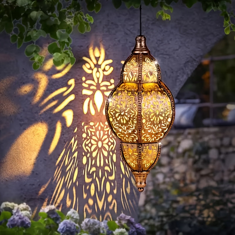Outdoor Solar Hanging Lantern 27" – Metal Pendant Light Fixture with Removable Solar Panel & Auto Dusk-to-Dawn Sensor for Garden, Patio, Porch, Lawn & Deck, Oil-Rubbed Finish, Gold, Purple or Blue