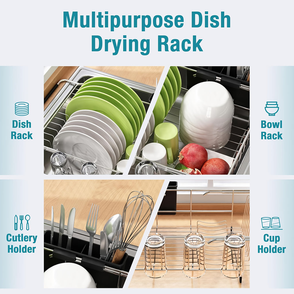 Stainless Steel Over-the-Sink Dish Drying Rack & Colander Strainer Basket with Expandable Grip – Heavy-Duty Sink-Mounted Dish Drainer for Vegetable Washing & Space-Saving Kitchen Organization