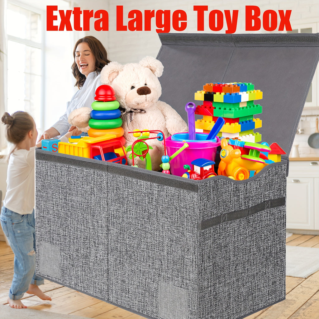 Extra Large Collapsible Storage Box 31.7 Gal with Lid – Foldable Kids Toy Chest Organizer Bin for Boys & Girls, Bedroom, Living Room & Nursery, Sturdy Basket in Black, Beige & Dark Grey