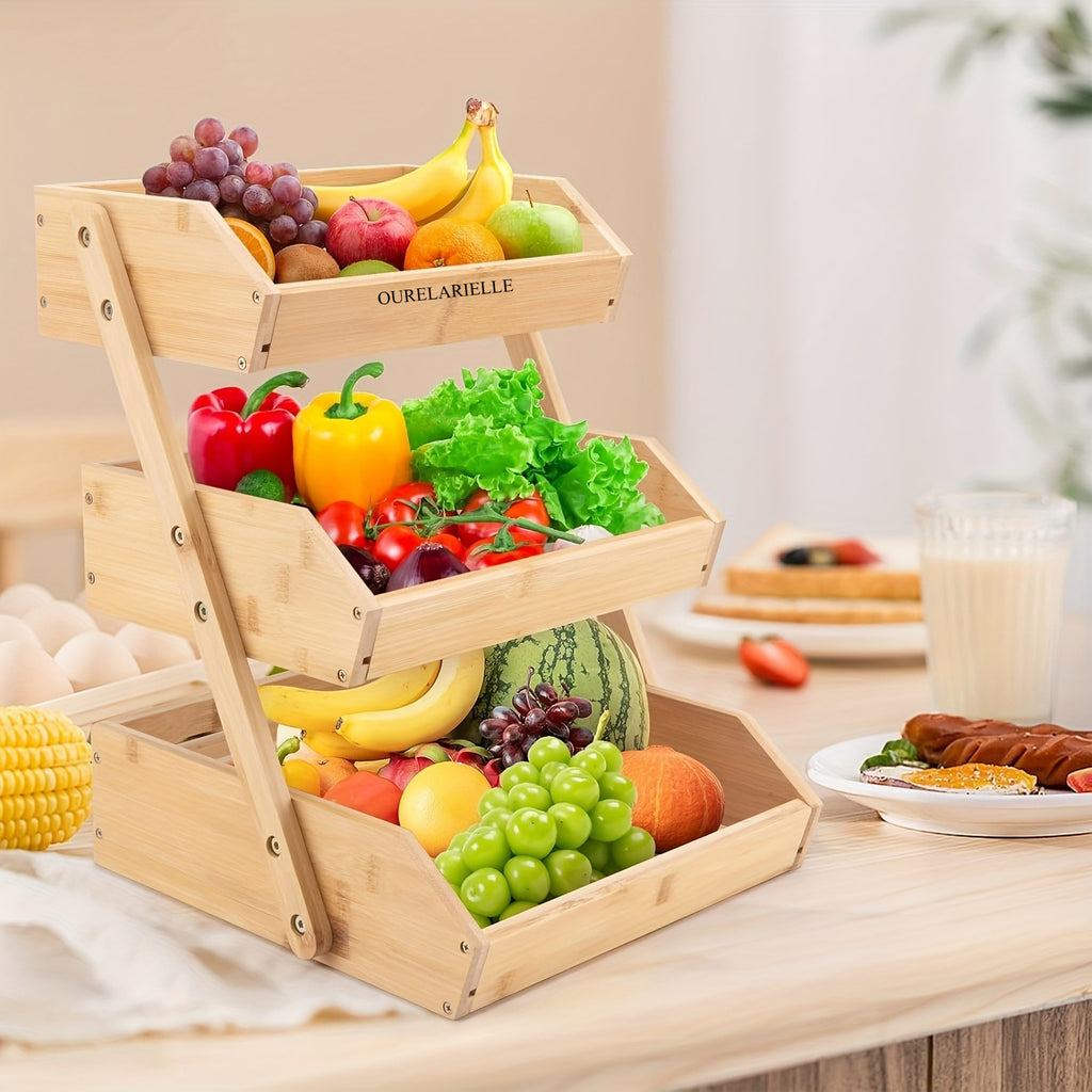 3 Tier Bamboo Fruit Basket Rack Large Capacity Countertop Kitchen Storage for Fruits Vegetables & Bread – Natural Wood Ventilated Design