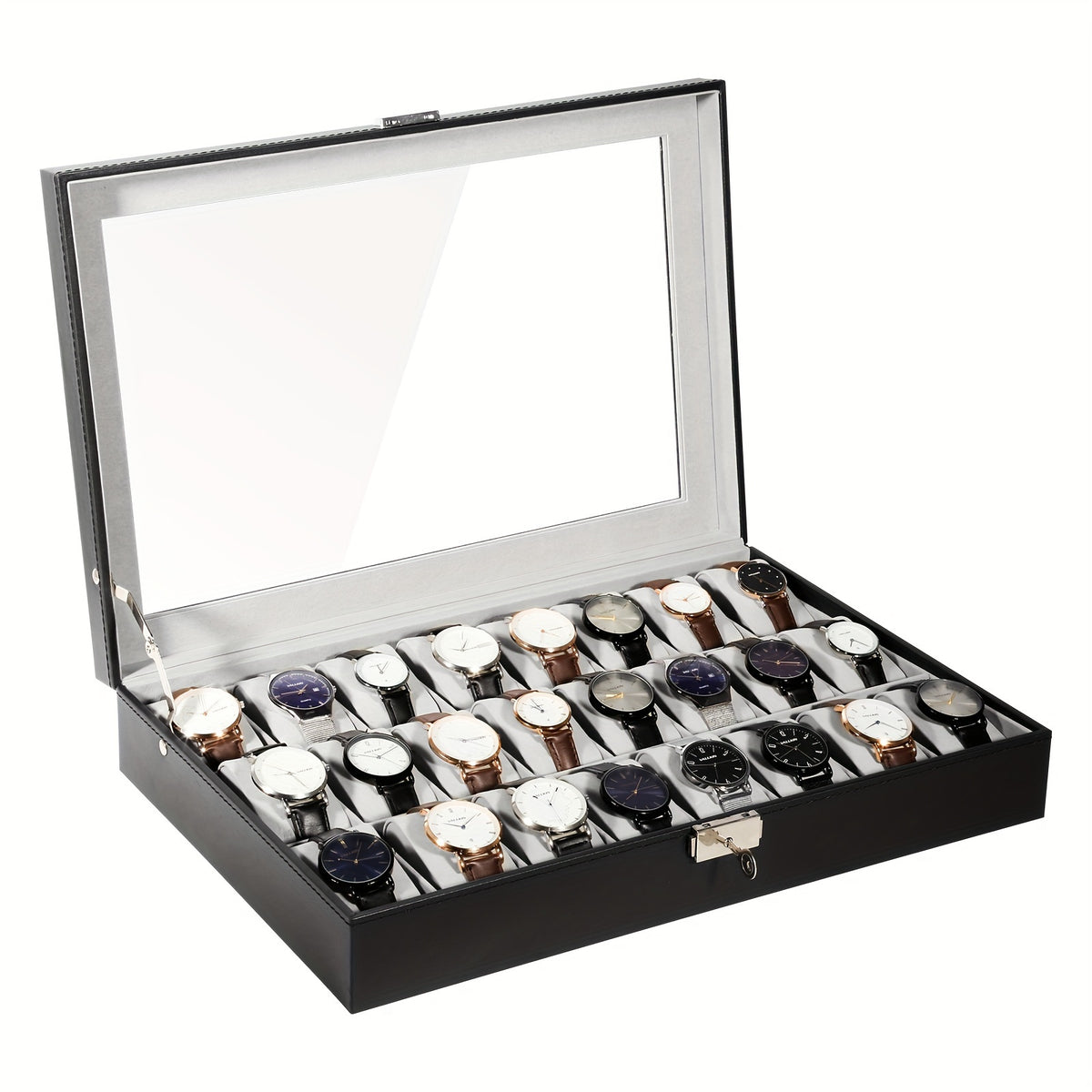 24-Slot Watch Box Organizer with Large Glass Lid & Key Lock, Faux Leather Watch Display Case for Men & Women, Tabletop Jewelry Storage Box for Watches, Wristwatch Collection Gift