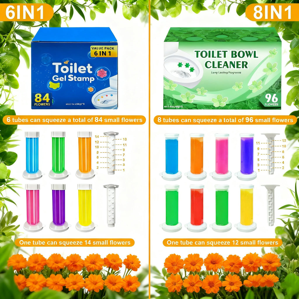 Toilet Cleaning Gel Stamps with Dispenser & Air-Freshening Fragrance – 8 Pieces / 96 Gel Patterns Toilet Bowl Cleaner for Ceramic Surfaces, Bathrooms & Kitchens