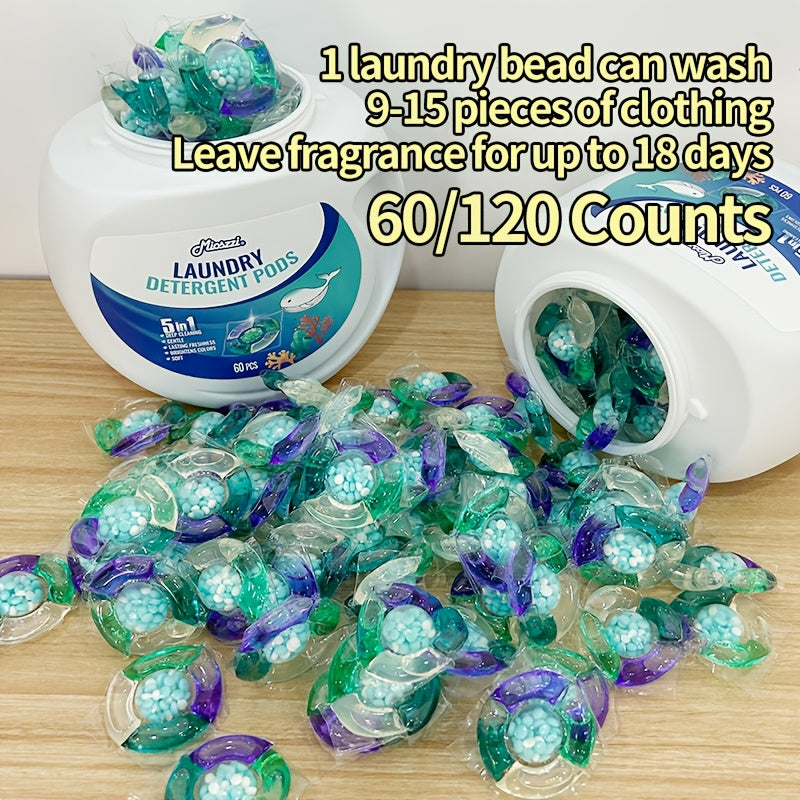 5-in-1 Laundry Detergent Pods, Ocean Breeze Scent, 8X Cleaning Power – HE Compatible Stain & Odor Eliminator Liquid Capsules, Fabric Safe, 60 / 120 Count