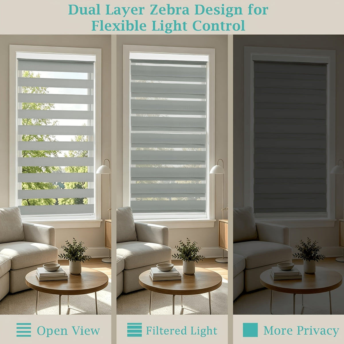 Cordless Zebra Blinds Day Night Dual Layer Window Shades for Home & Office – Free Stop Light Control, Easy Install, 4 Colors & Custom Widths