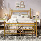 Metal Platform Bed Frame with Vintage Iron Art Headboard Footboard No Box Spring Needed Under Bed Storage Twin Full Queen King Black White Pink Gold