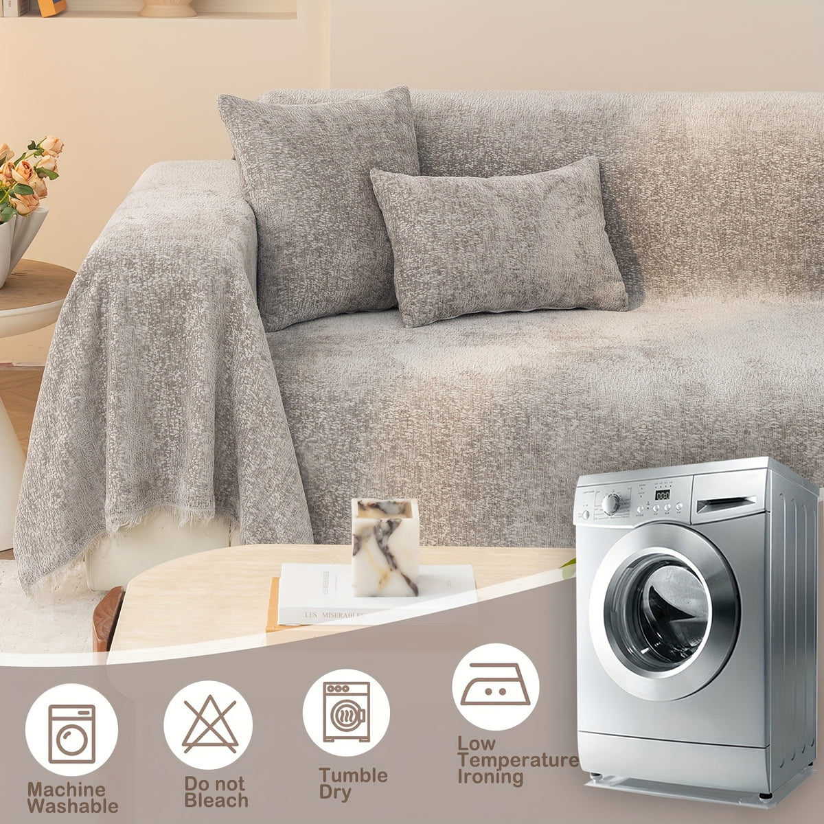 Soft Chenille Sofa Throw Cover with Fringes Durable Pet-Friendly Solid Couch Protector Slipcover for Living Room Sectional Armchair Home Decoration