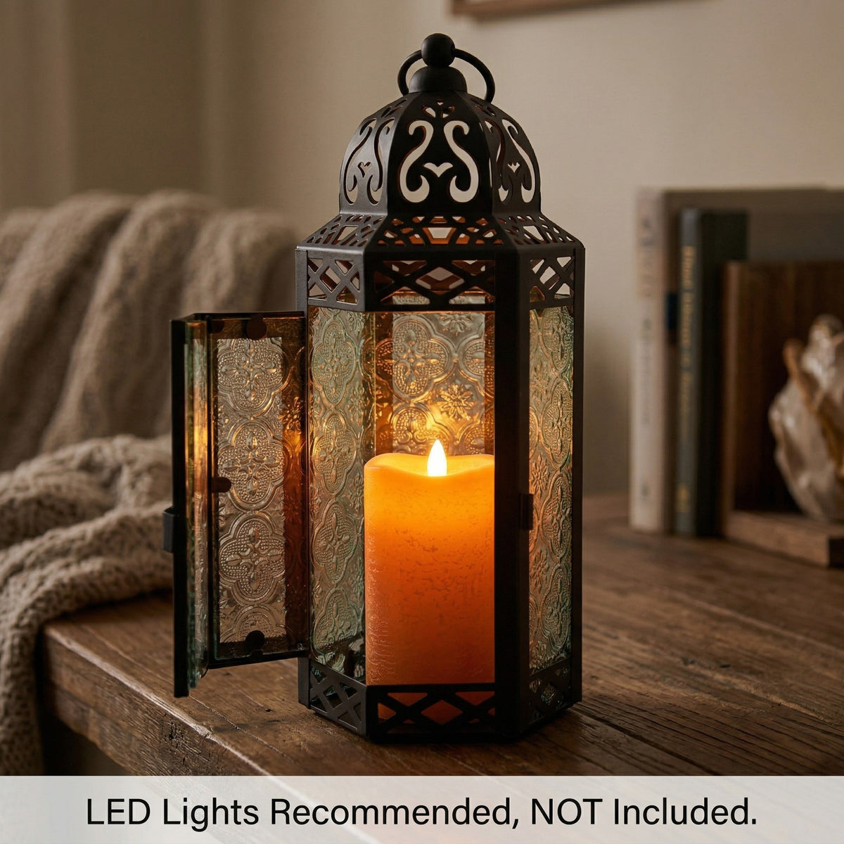 Moroccan Candle Lantern Holder Medium 10.5 Inch – Handcrafted Glass Iron Metal Lantern with Embossed Floral Panels, 17 Colors, Indoor Outdoor Use for Ramadan, Wedding, Patio, Diwali & Home Decor