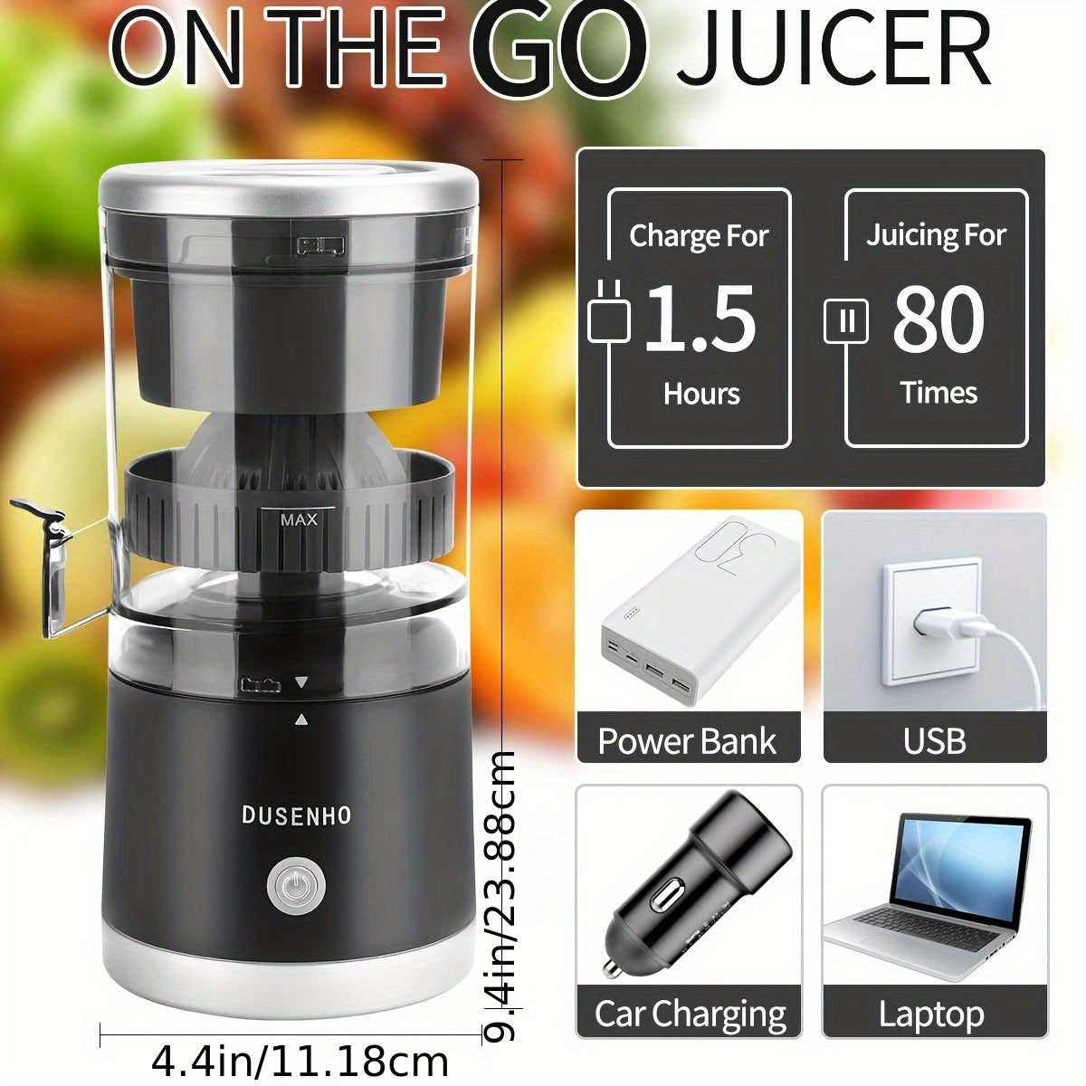 Rechargeable Electric Citrus Juicer USB-C – 45W Portable Juicer Machine for Orange, Lemon & Lime | BPA-Free | Includes Cleaning Brush | Black & Red