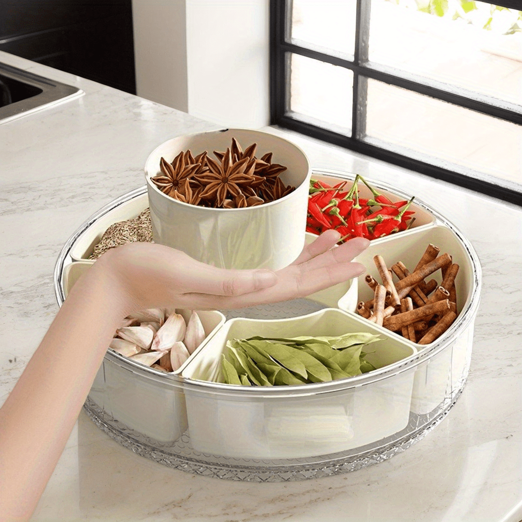6 Grid Rotating Serving Tray with Lid and Handle 360 Rotatable Snack Organizer Box Portable for Camping Party Picnic RV Fridge Travel