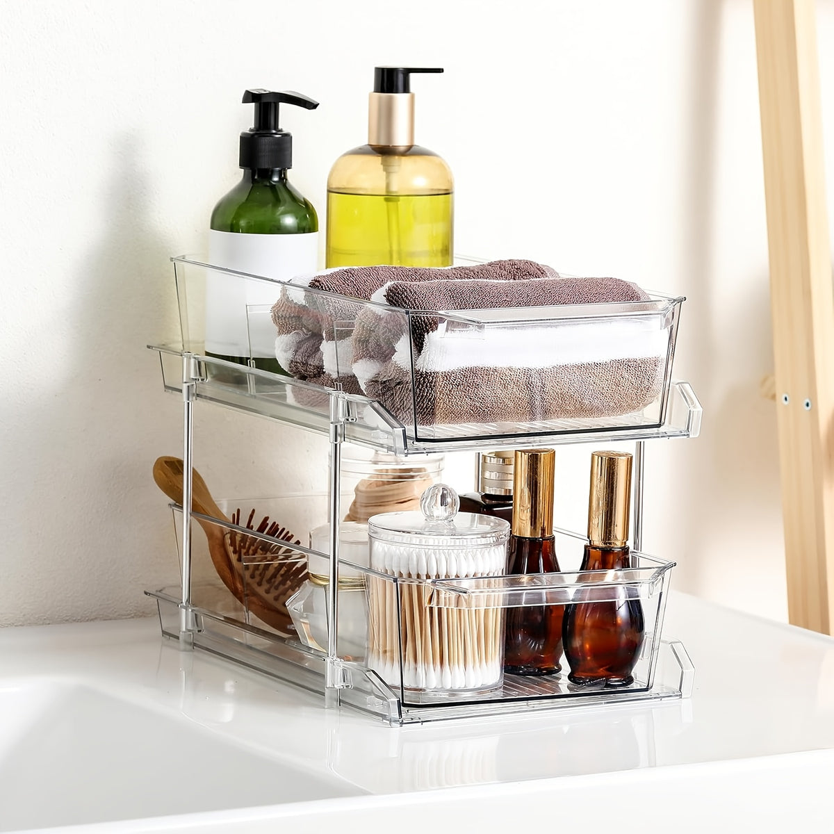Transparent Pull-Out Storage Organizer – Double-Layer Slide-Out Cabinet Basket for Bathroom Vanity, Under-Sink & Kitchen, Space-Saving Plastic Shelf (1 or 2pcs)