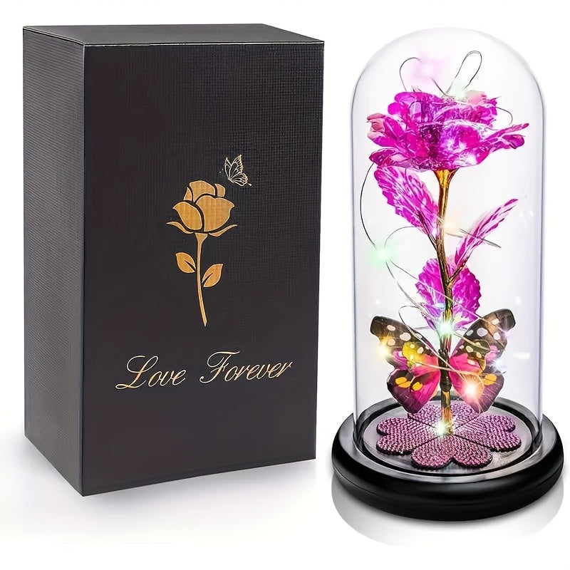 Galaxy Glass Rose Dome Eternal Crystal Flower with Butterfly LED Glow Night Light Gift for Mom Wife Sister Daughter Mother's Day Birthday Valentine's Day Purple