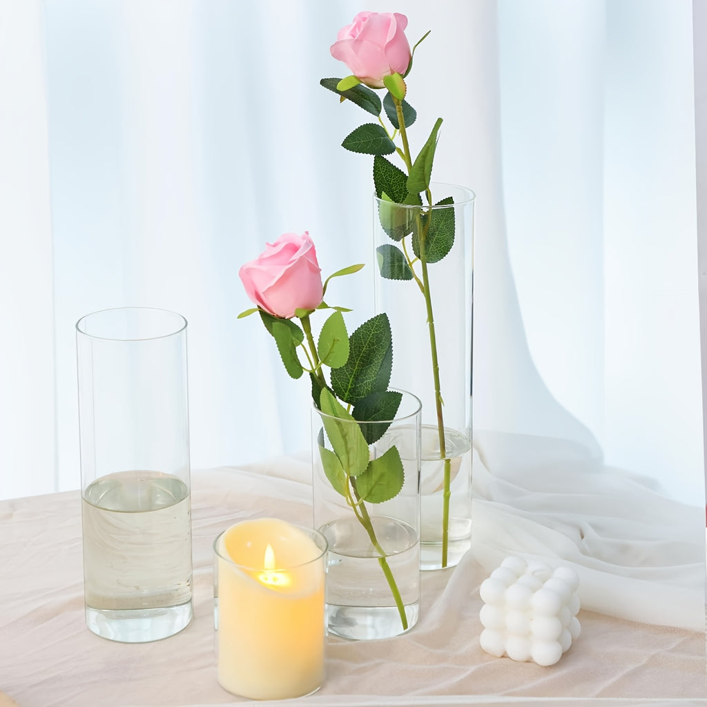 TOMNK Bulk Clear Cylinder Glass Vases 12/20/24pcs in 4-5 Sizes – Tall Boho Flower Vase Set for Wedding Centerpieces, Rustic Home Decor, Formal Dinners, Parties & Hurricane Floating Candle Holders