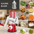 3-in-1 Manual Rotating Cheese & Vegetable Slicer with Interchangeable Drum – Handheld Stainless Steel Grater, Peeler & Chopper for Potatoes, Carrots, Cheese | Camping & Kitchen Use