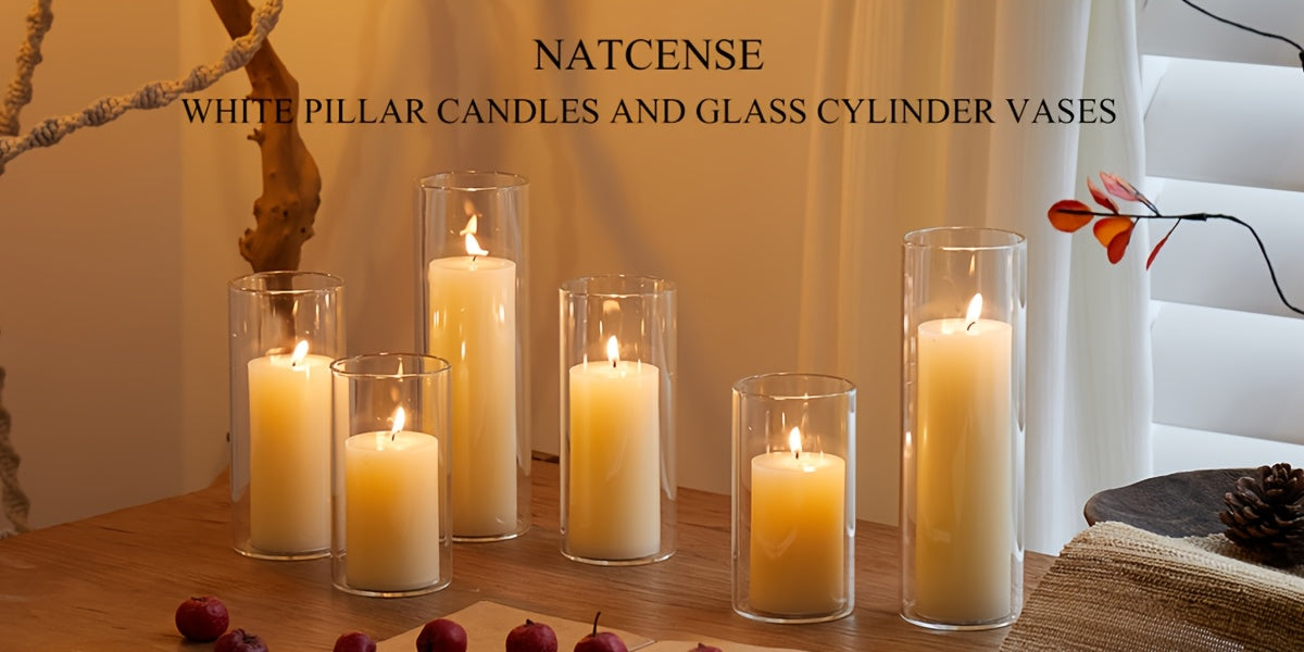 White Pillar Candles with Clear Glass Hurricane Candle Holders – Elegant Cylinder Vases for Wedding Centerpieces, Parties, Home & Office Decor, Table Decorations