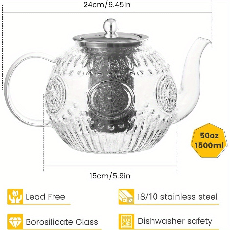 Vintage Glass Teapot with Removable Infuser 50oz 1500ml Stovetop Safe Borosilicate Tea Kettle for Blooming Loose Leaf Herbal Tea Sunflower Relief Design