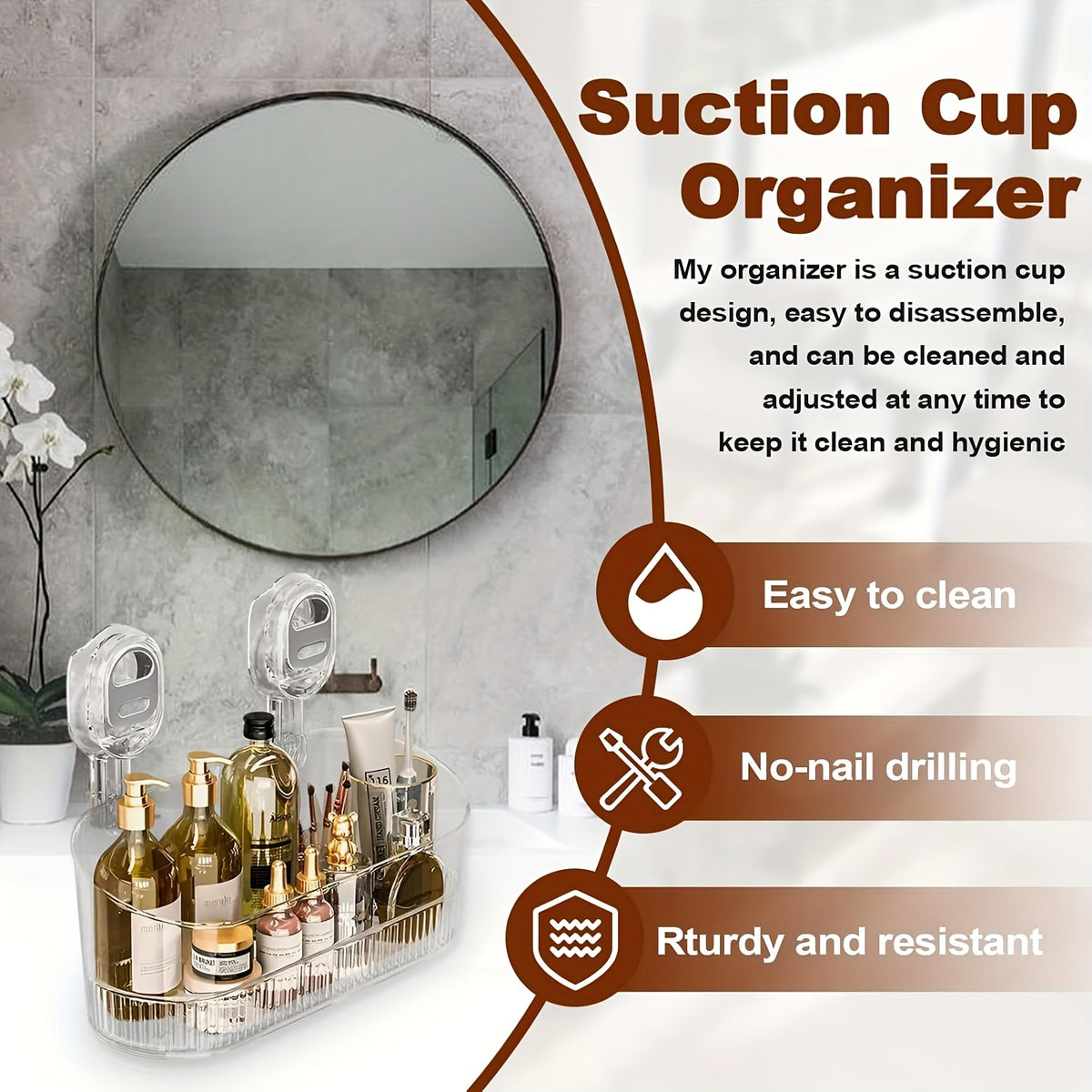 Suction Cup Shower Caddy – No-Drill Wall-Mounted Bathroom Organizer Shelf, Holds 10 lbs, Corrugated Grip, ABS Plastic Rack for Shower Essentials, Cosmetics & Toiletries (1 or 2 Pack)