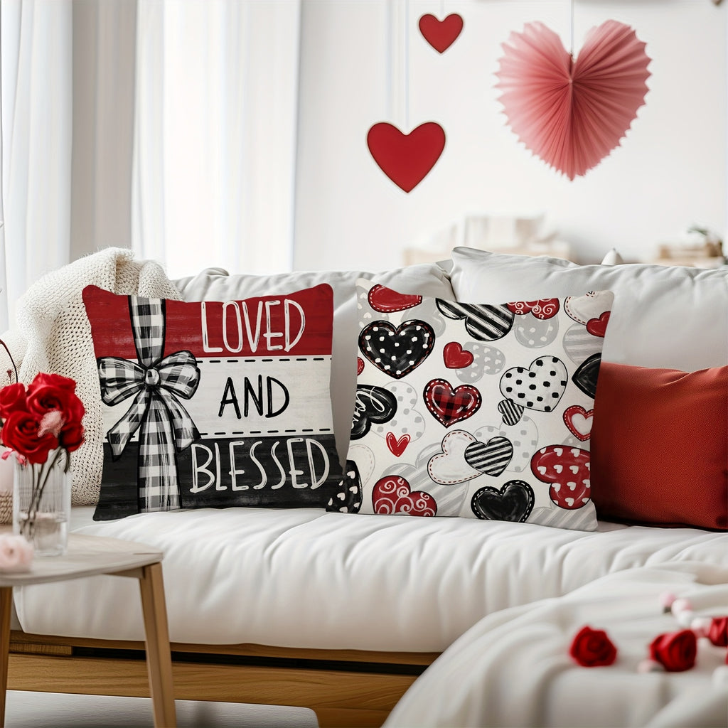 Set of 4 Valentine's Day Throw Pillow Covers – Red & Black Striped Bow | 18x18 inch