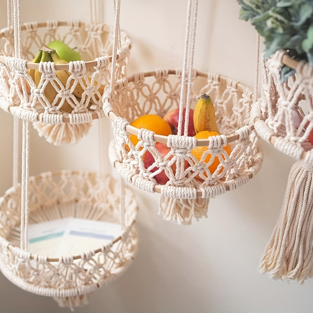 Macrame Hanging Fruit Basket 1/2/3-Tier Boho Wall Storage – Bohemian Hanging Basket for Fruits, Vegetables & Indoor Plants, Kitchen & Home Decor