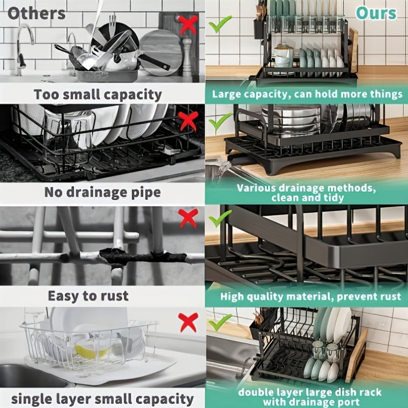 Dish Drying Rack 2-Tier Large Kitchen Counter Dish Rack with Drip Tray Drainage Holder – Dish Drainer for Dishes Knives Cups Cutting Boards
