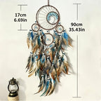 Handmade Feather Dreamcatcher Wall Hanging – Tree of Life Bohemian Wall Decor with Blue Green Brown Plumes, Boho Dream Catcher for Bedroom Living Room Nursery, Spiritual Home Decor Gift