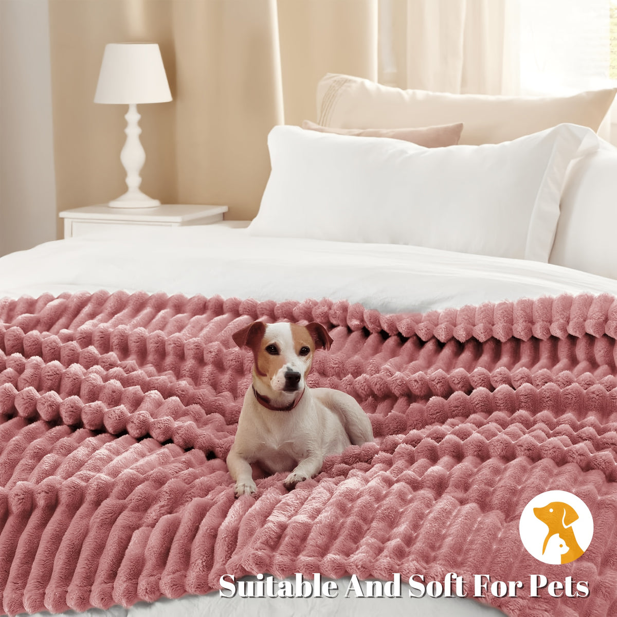 Faux Rabbit Fur Throw Blanket Ultra Soft Fluffy Striped Plush Blanket for Couch Bed Sofa Luxury Warm Winter Blanket Pink Light Brown