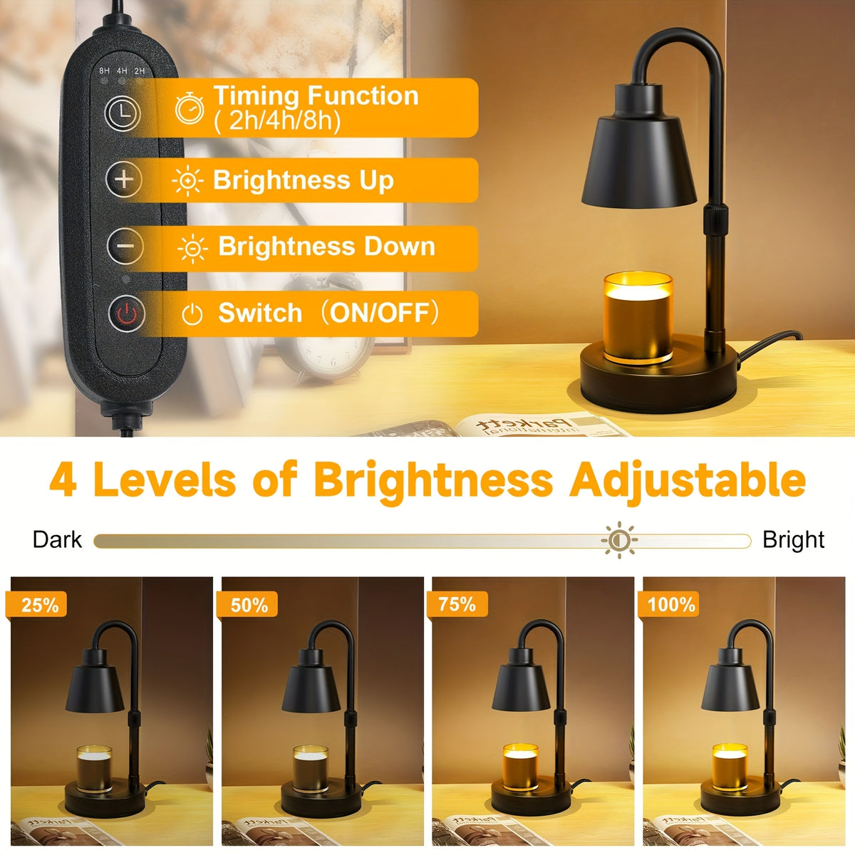 Metal Adjustable Candle Warmer Lamp with Timer – Height Adjustable Wax Melt Warmer for Jar Candles, Flameless Home & Bedroom Decor, Housewarming & Birthday Gift for Moms (Bulb Not Included)