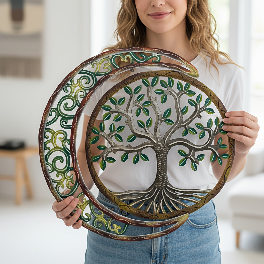Moon & Green Tree Iron Wall Sculpture 15.75×15.75 Inch – Art Deco Metal Wall Hanging Decor for Home, Patio, Yoga Studio & Teahouse, Holiday Gift for Wedding, Christmas, Thanksgiving & Halloween