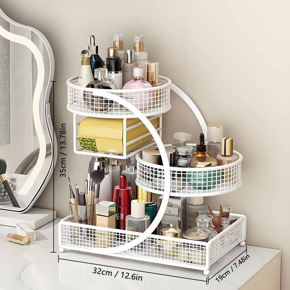 3-Tier Metal Cosmetic Organizer with Tissue Box Holder – No-Install Bathroom Countertop & Dressing Table Storage Rack, Lightweight