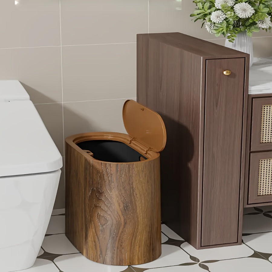 Marble & Wood Grain Plastic Waste Bin with Built-In Handle – Rust-Proof Space-Saving Trash Can for Bathroom Laundry Room Home Office