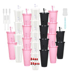 25-Pack Reusable Party Cups 24oz with Lids, Straws & Dust Plugs – Large Plastic Tumblers for Iced Coffee Smoothies Cold Drinks, Includes Cleaning Brush, Multiple Colors