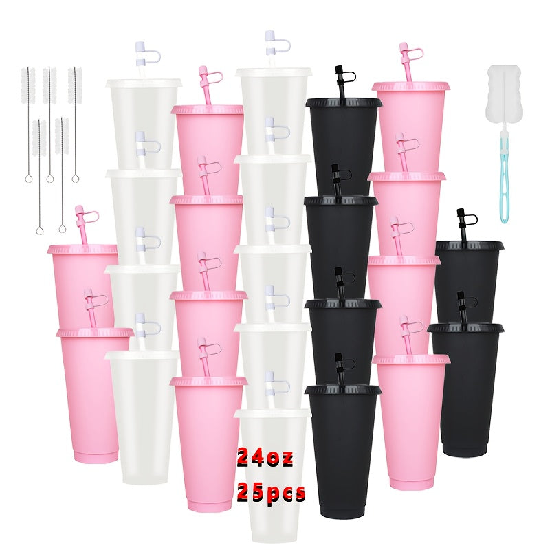 25-Pack Reusable Party Cups 24oz with Lids, Straws & Dust Plugs – Large Plastic Tumblers for Iced Coffee Smoothies Cold Drinks, Includes Cleaning Brush, Multiple Colors
