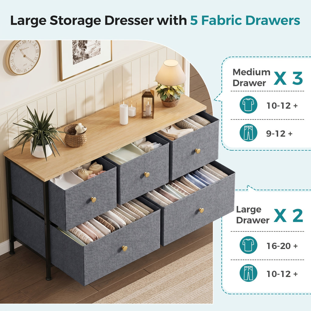 5-Drawer Wide Dresser with Fabric Bins – Freestanding Wood Frame Chest of Drawers, Low Profile Compact Storage Organizer for Bedroom, Hallway, Living Room & Closet, Space-Saving Furniture in Khaki/Green