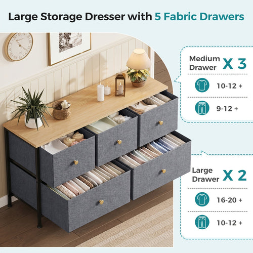 5-Drawer Wide Dresser with Fabric Bins – Freestanding Wood Frame Chest of Drawers, Low Profile Compact Storage Organizer for Bedroom, Hallway, Living Room & Closet, Space-Saving Furniture in Khaki/Green