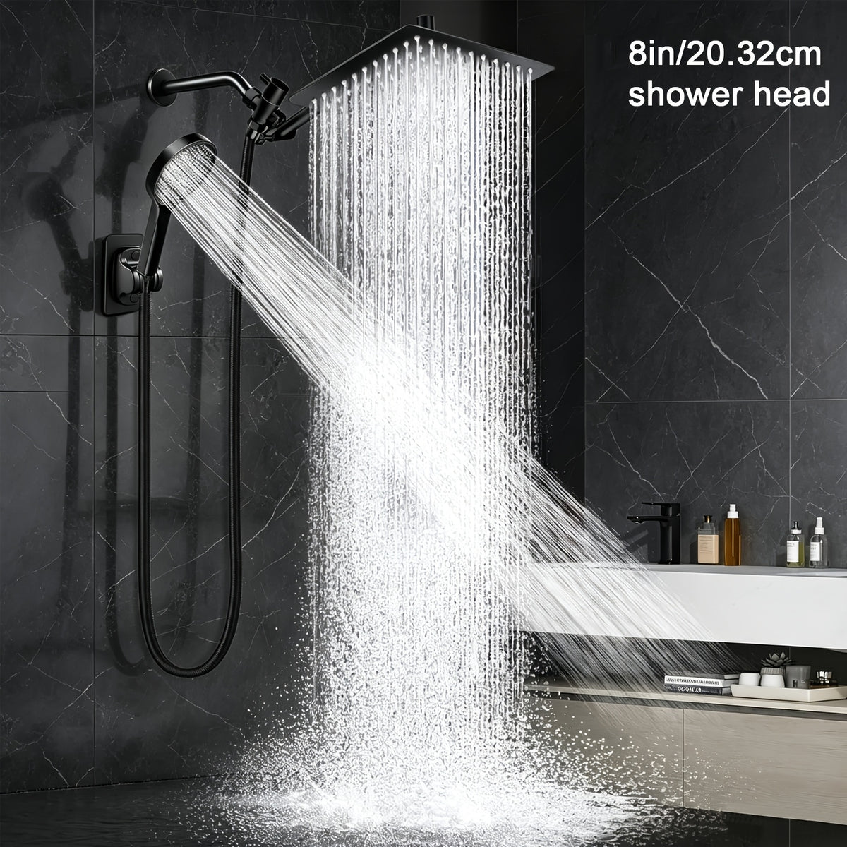 High Pressure Rainfall Handheld Shower Head Combo with 11-Inch Extension Arm 9 Spray Settings Anti-Leak Height Angle Adjustable Chrome Matte Black