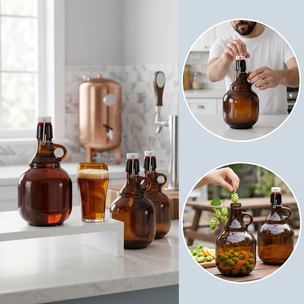 Amber Glass Growlers for Beer, Set of 4 – 34oz, Home Brewing, Fermentation & Storage for Soda, Cider & Wine, PVC-Free