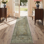 Washable Area Rug Sage Green Vintage Print - Low Pile Non-Slip Backing, Machine Washable Thin Flat Rug for Living Room Bedroom Entryway, Multiple Sizes