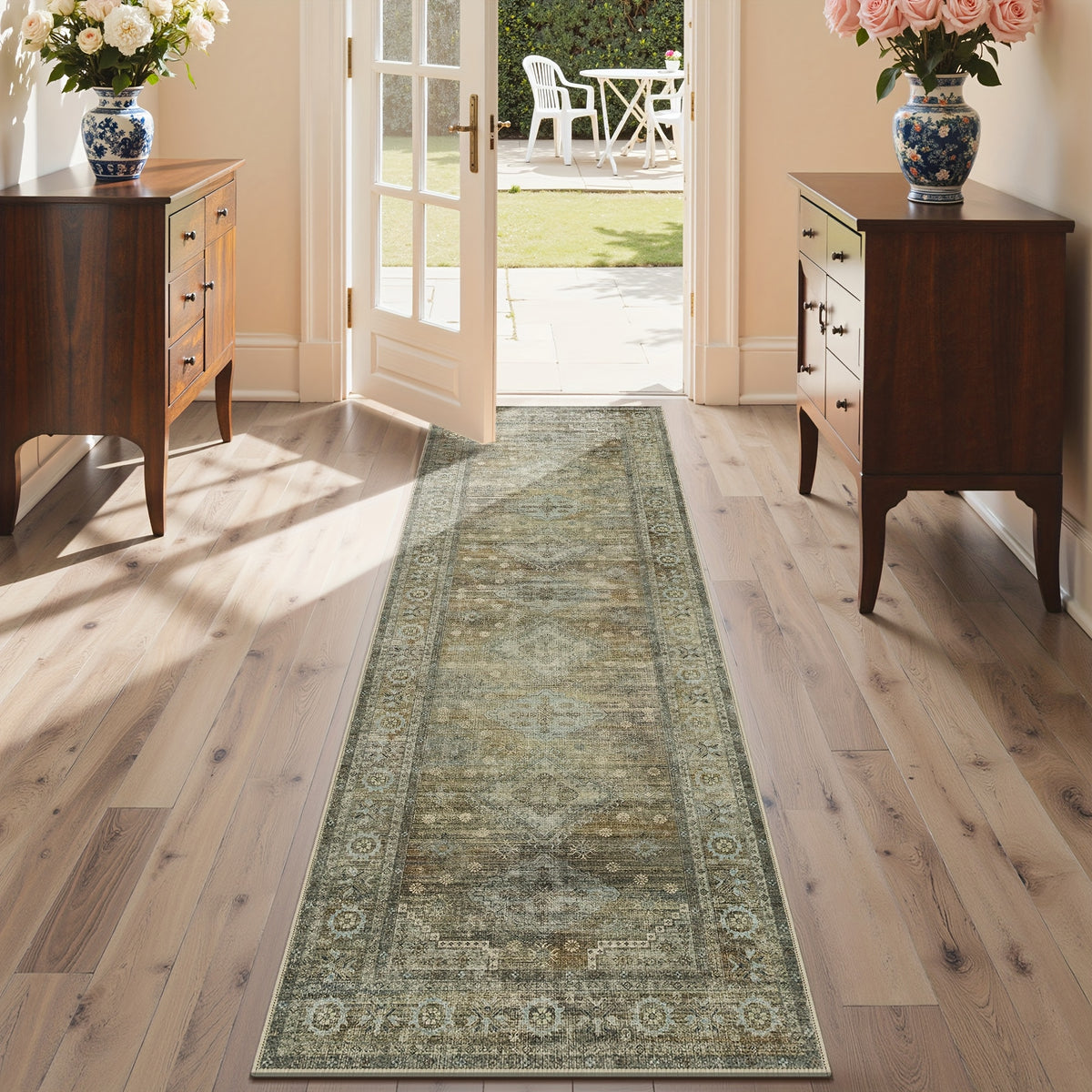 Washable Area Rug Sage Green Vintage Print - Low Pile Non-Slip Backing, Machine Washable Thin Flat Rug for Living Room Bedroom Entryway, Multiple Sizes