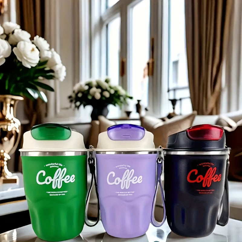 Vacuum Insulated Travel Coffee Mug 12oz – 316 Stainless Steel Double-Wall Tumbler with Carrying Strap, Keeps Hot & Cold 12+ Hours, Dishwasher Safe