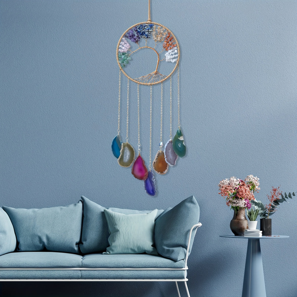 Crystal Dream Catcher Wind Chime Wall Art Handmade Rainbow Beads Tree Motif Boho Wall Hanging for Living Room Bedroom Wedding Christmas Gift