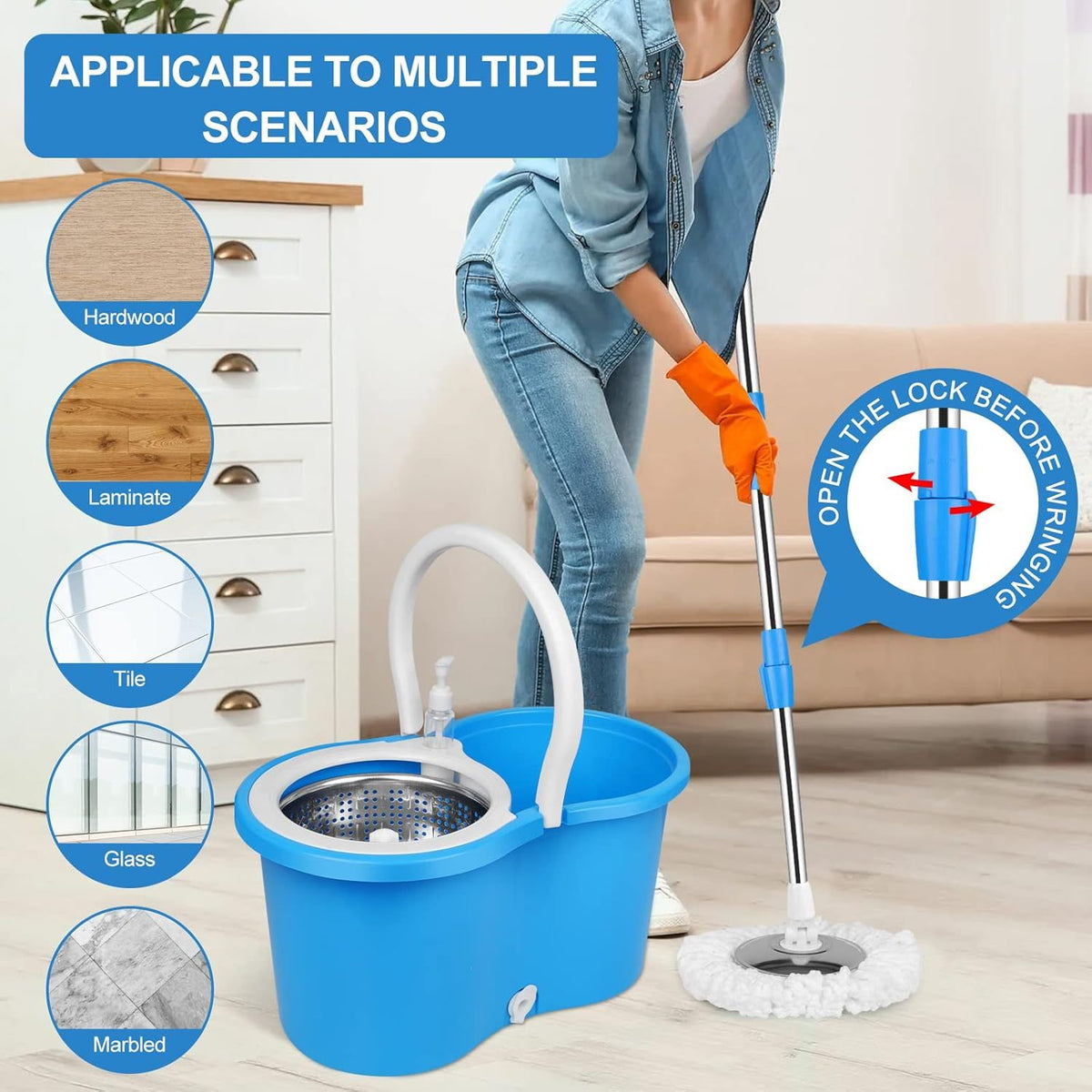 360° Spin Mop and Bucket Set with Wringer – Stainless Steel Extended Handle Spinning Mop Bucket System with 4 Microfiber Mop Refills for Hardwood Tile & Laminate Floor Cleaning