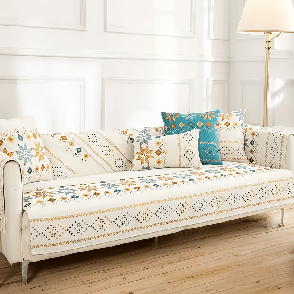 Chenille Sofa Cover Bohemian Geometric Slipcover | Light Breathable Non-Slip Machine Washable Couch Protector for 2/3/4 Seat L-Shape Sectional, Pet & Kid Friendly, White Green