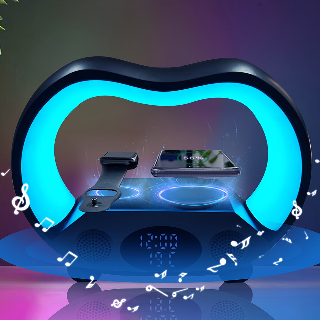RGB Night Light 6 in 1 Wireless Speaker Alarm Clock Wireless Charging Phone Watch Temperature Display Bedroom Teen Gift Halloween Christmas Decor Black White
