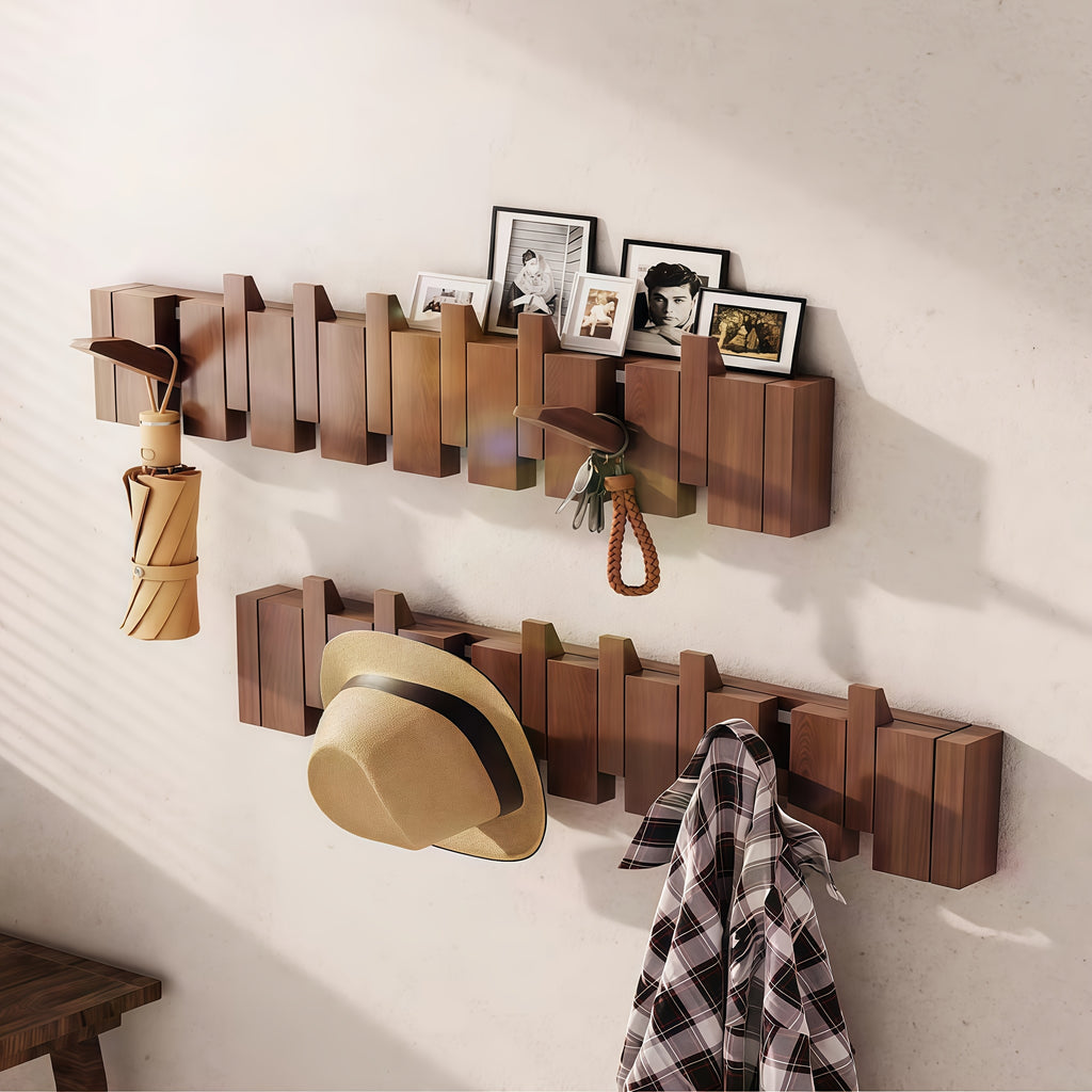 Wall-Mounted Coat Rack Natural Wood – Accordion Hook Rack for Entryway, 4/6/8/10 Hooks, Walnut & Beech Finish, Space-Saving Coat Hanger for Bedroom, Bathroom, Hallway