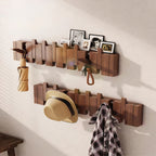 Wall-Mounted Coat Rack Natural Wood – Accordion Hook Rack for Entryway, 4/6/8/10 Hooks, Walnut & Beech Finish, Space-Saving Coat Hanger for Bedroom, Bathroom, Hallway