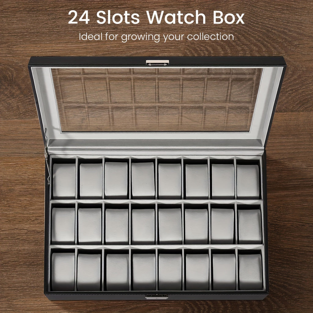 24-Slot Watch Box Organizer with Large Glass Lid & Key Lock, Faux Leather Watch Display Case for Men & Women, Tabletop Jewelry Storage Box for Watches, Wristwatch Collection Gift